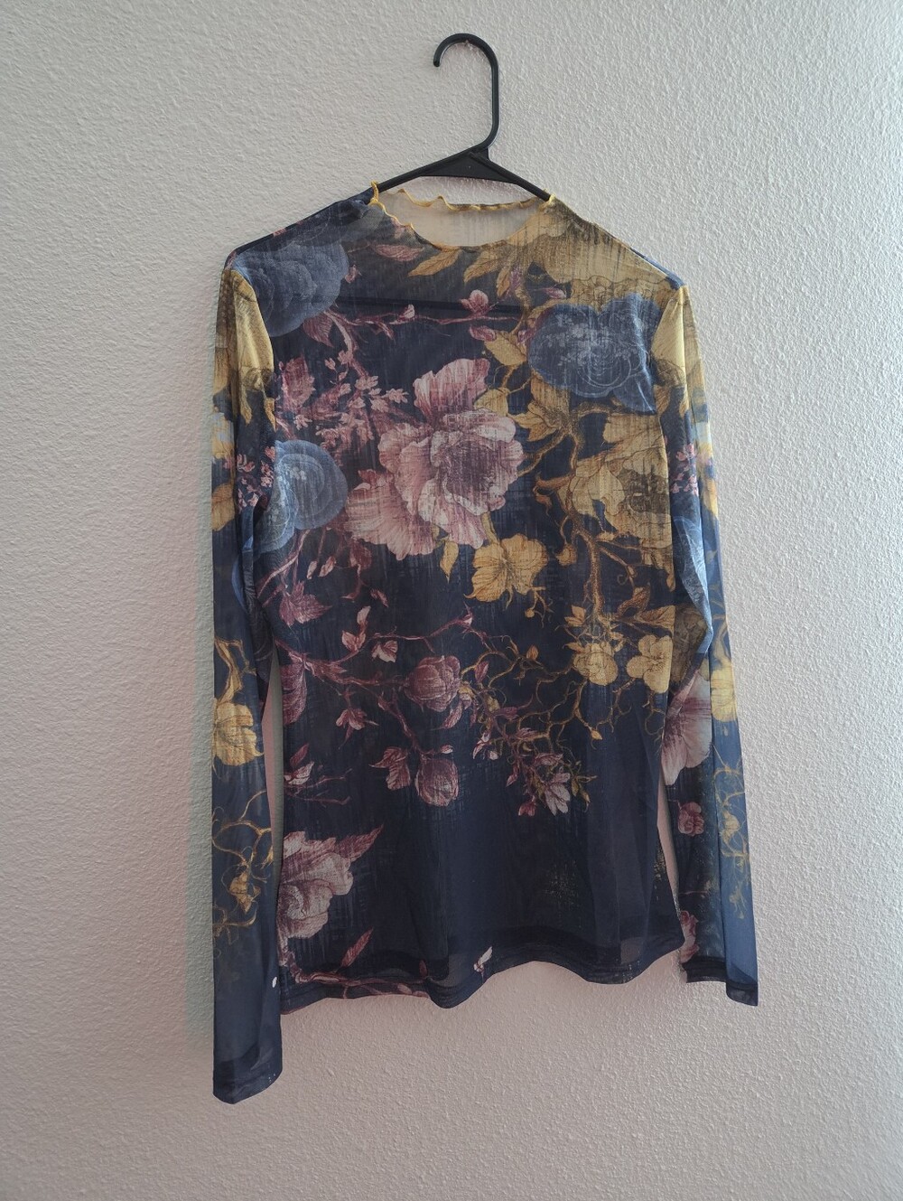 SHEIN Navy, Mauve & Yellow Floral Sheer Mock Neck Long Sleeve Top
